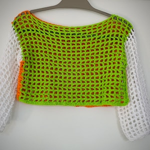 Westside - Crochet Mesh Fishnet Pullover Crop Top, 100% Cotton, Neon Orange, Neon Lime and White M-L