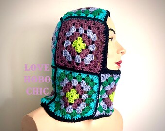 Phantom - Crochet Granny Square Hood / Balaclava / Ski Mask, %100 Cotton, Chartreuse, Turquoise, Purple, Green, Black & Periwinkle