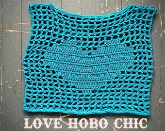 Zar Heart Crop Tee, Crochet Heart Front/Back Fishnet Mesh Crop top, in 100% cotton yarn, Turquoise