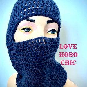 Fey - Balaclava, Ski Mask, hood, Crochet, Cotton, Navy Blue