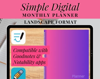 Einfacher digitaler Monatsplaner undatiert mit Hyperlinks, Goodnotes-Planer im Querformat, Spiralstil iPad-Kalender mit Tabs, Sonntagsbeginn