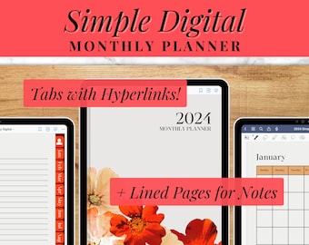 Simple Digital Monthly Planner 2024 with Hyperlinks, Compatible with Goodnotes, Notability, Floral iPad Calendar with Tabs, Sunday Start