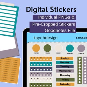 May include: Digital stickers for digital planning, featuring individual PNGs and pre-cropped stickers for Goodnotes. The design includes color swatches, weekly layouts, and day labels. The text includes "kayohdesign".