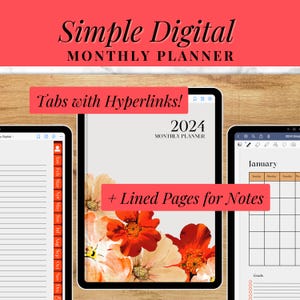 Planner digitale mensile con collegamenti ipertestuali, compatibile con Goodnotes, Notability, calendario floreale non datato per iPad con schede, inizio domenicale