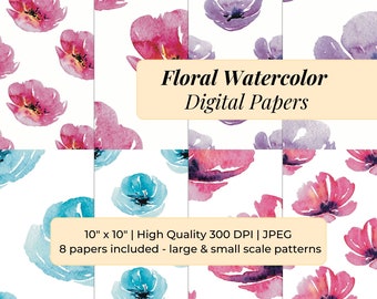 Floral Watercolor Digital Paper 10x10", Large + Small Scale Seamless Repeat Pattern Paper Pack, High Quality JPG 300 DPI | kayohdesign