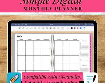 Undated Digital Monthly Planner, Hyperlinked iPad Calendar (Digital Download)