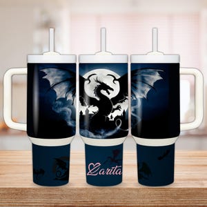 Midnight Dragon Fantasy Tumbler, Personalized 30 or 40 oz Stainless Steel Cup, Personalized Dragon Tumbler, Black Dragon Tumbler with name