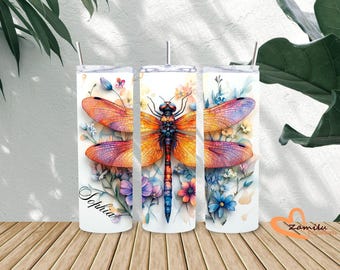 Personalized Dragonfly Tumbler, Floral Stainless Steel Cup, Custom Summer Gift