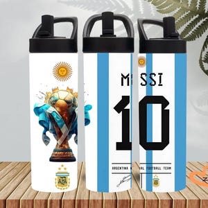 Personalized Messi Water Bottles – 20 Oz  Personalized tumbler futbol. 20 Oz Stainless Steel futbol Cup, Custom Soccer tumbler Lionel Jersey