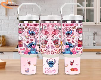 Tumbler, Disney, Stitch personalized, Blue Alien & Hibiscus Flowers Personalized Water Bottle – 30 oz Stainless Steel Water Bottle