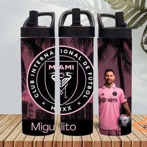 Personalized Inter Miami Sport Water Bottles – 20 Oz  Messi Edition. Personalized Tumbler – 20 Oz Stainless Steel futbol Cup, Drinking Cup