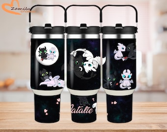 Personalized 30 oz Dragon Water Bottle, Cute Black Dragon Stainless Steal, Custom Name Gift, Leakproof with Handle & Straw, gifs for kids
