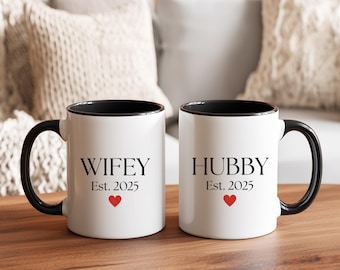 Wifey Hubby Matching Mugs, Personalized Wedding Gift for Couples, Est 2025 Newlywed Coffee Cup Set, Bridal Shower Gift, Mr and Mrs Mugs