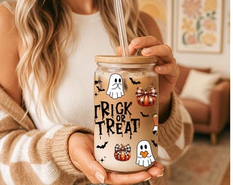 Personalized Halloween Ghost Glass Cup 16oz, Cute Ghost Iced Coffee Cup with Lid and Straw, Custom Fall Tumbler Gift, Spooky Can Glass