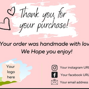 Grazie per il tuo acquisto / AGGIUNGI IL TUO LOGO / Scheda inseribile stampabile per piccole imprese / Modello modificabile / personalizzabile per piccole imprese