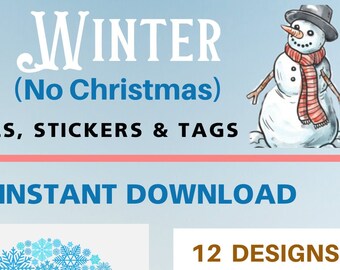 WINTER Labels, Tags, Stickers - (not Christmas) - PRINTABLE, 12 designs, Name tag, for invitation or card, Customize with your note or name