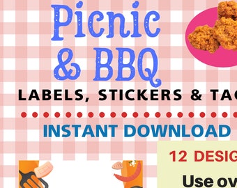 PICNIC & BBQ Labels, Tags, Stickers  - PRINTABLE, 12 designs, Name tag, for invitation or card, Customize with your note or name