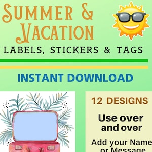 Etichette Estate & Vacanza, Etichette, Adesivi - PRINTABLE, 12 disegni - Nome etichetta, uso per invito o carta, Personalizza con la tua nota o nome