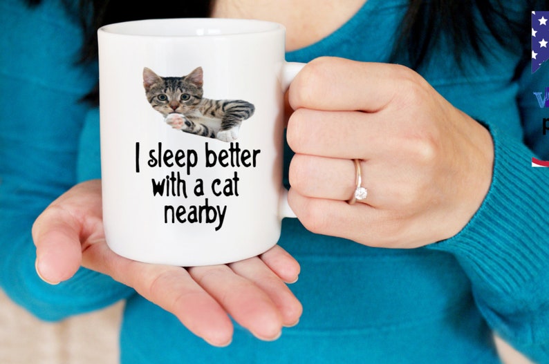 I Sleep Better with a Cat Nearby Mug cat lover mug, kitten owner gift, gift for cat owners, peace of mind, restful sleep image 3