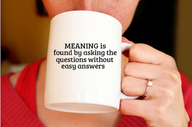 MEANING is Found by Asking the Questions Without Easy Answers Mug meaning of life mug, philosophy, find big T Truth, self-discovery, being image 2