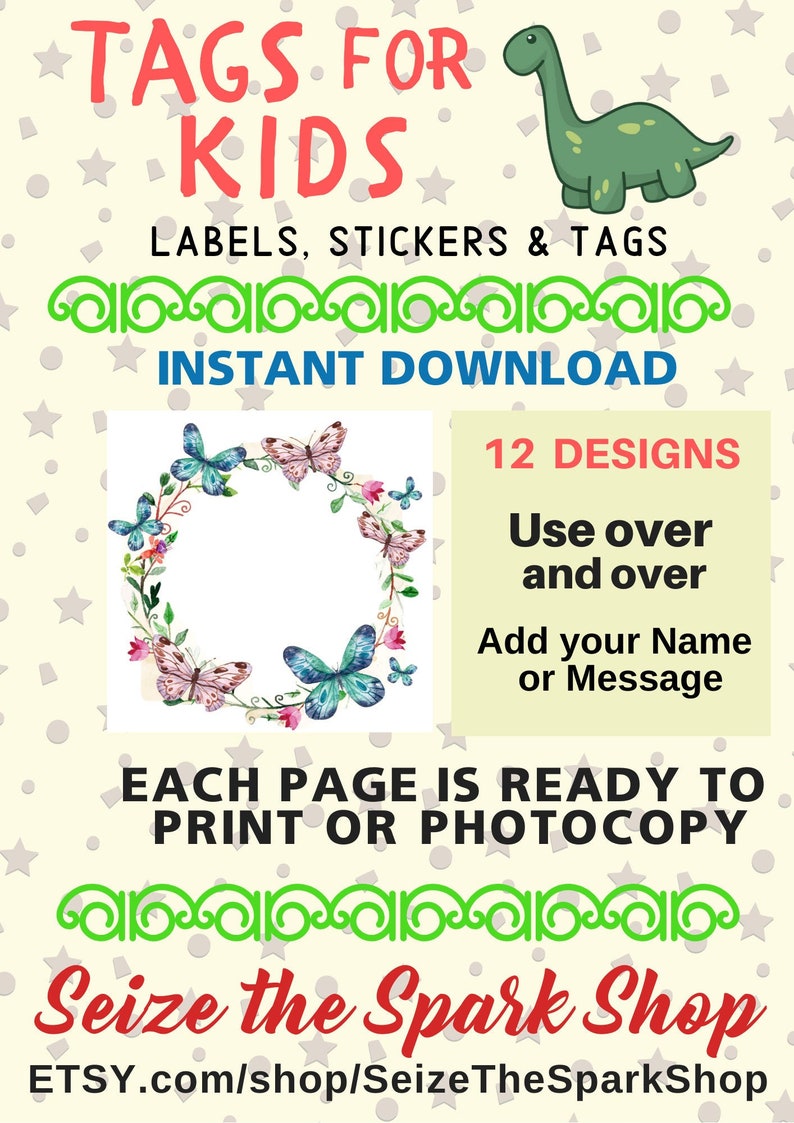 TAGS for KIDS Labels, Tags, Stickers PRINTABLE, 12 designs Name tag, for fun sign or card, book plates Customize with your note or name image 1