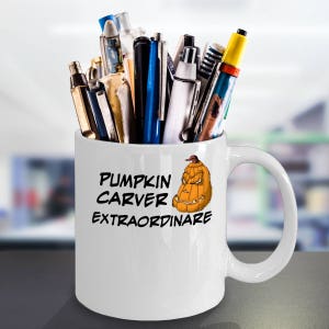 Pumpkin Carver Extraordinaire Mug Halloween pumpkin mug, pumpkin carver prize, pumpkin carving, expert jack-o-lantern carver Or in black image 4