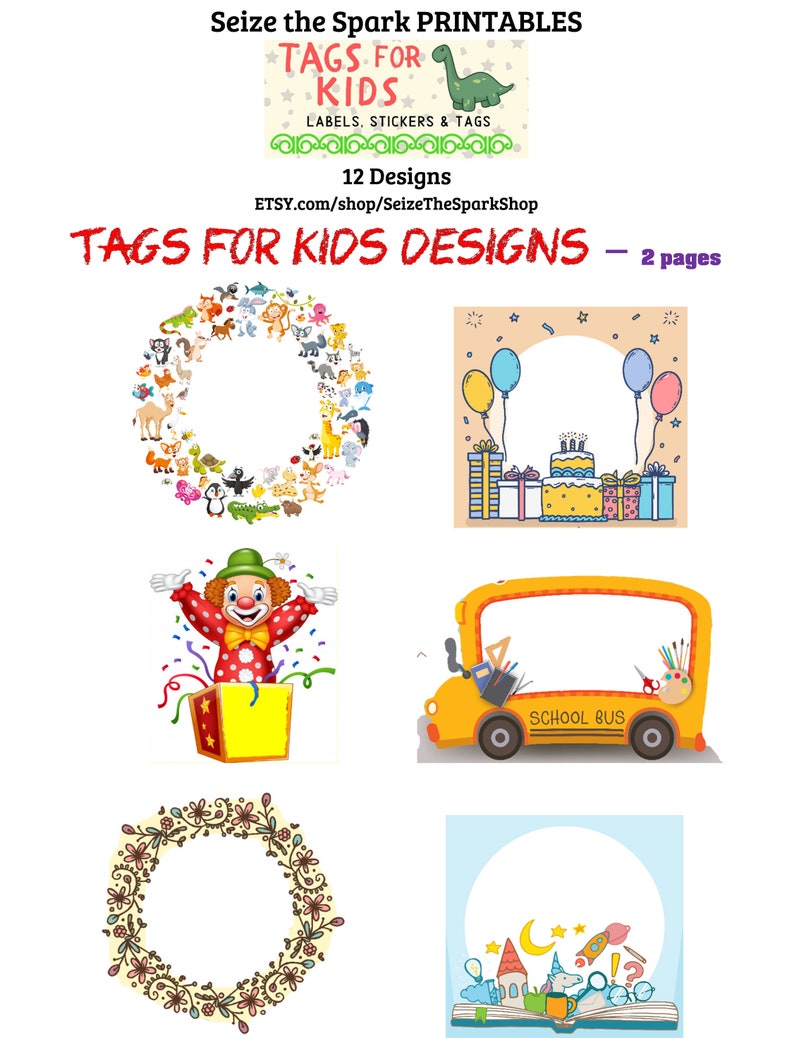 TAGS for KIDS Labels, Tags, Stickers PRINTABLE, 12 designs Name tag, for fun sign or card, book plates Customize with your note or name image 2