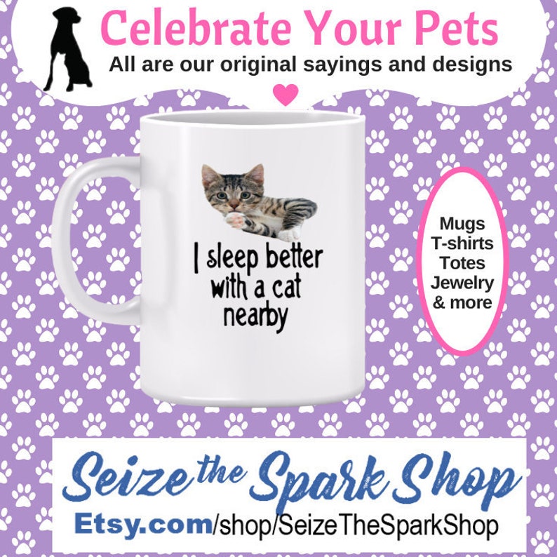 I Sleep Better with a Cat Nearby Mug cat lover mug, kitten owner gift, gift for cat owners, peace of mind, restful sleep image 1