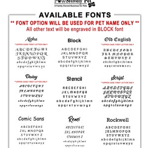 K&ouml;nnte beinhalten: Ein Diagramm mit verschiedenen Schriftarten f&uuml;r Haustier-Tags. Die Schriftarten sind: Alpha, Block, Old English, Daisy, Stencil, Script, Comic Sans, Remi und Rockwell. Der Text "UPPER CASE FIRST LETTER ONLY" wird &uuml;ber einigen der Schriftarten angezeigt.
