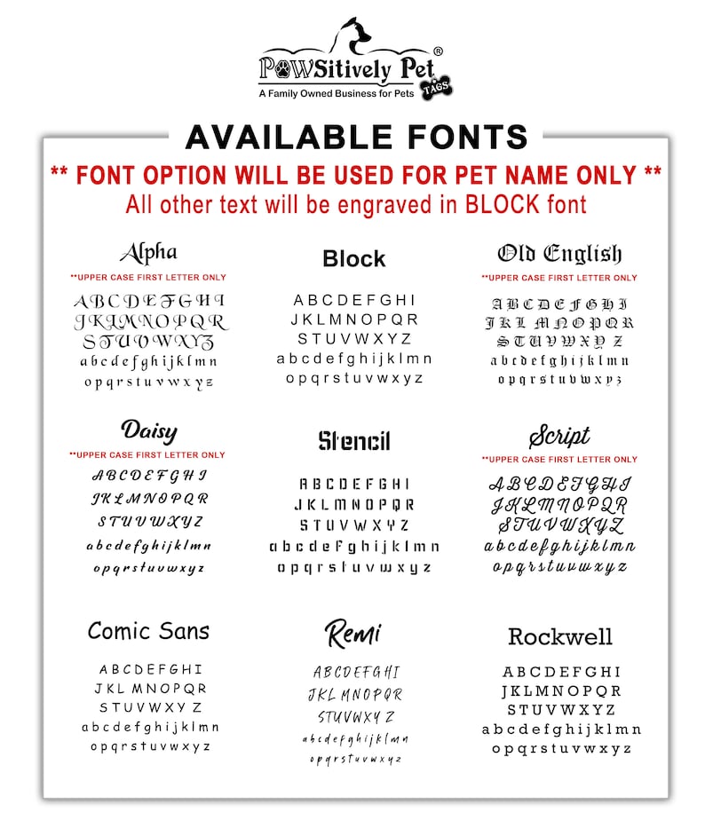 K&ouml;nnte beinhalten: Ein Diagramm mit verschiedenen Schriftarten f&uuml;r Haustier-Tags. Die Schriftarten sind: Alpha, Block, Old English, Daisy, Stencil, Script, Comic Sans, Remi und Rockwell. Der Text "UPPER CASE FIRST LETTER ONLY" wird &uuml;ber einigen der Schriftarten angezeigt.