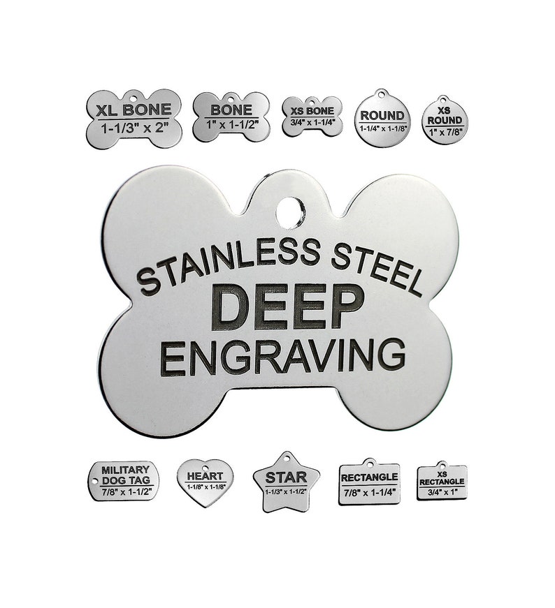 K&ouml;nnte beinhalten: Ein silberner, knochenf&ouml;rmiger Hundeanh&auml;nger mit dem Text "Stainless Steel Deep Engraving". Der Anh&auml;nger wird in verschiedenen Gr&ouml;&szlig;en und Formen gezeigt, darunter Knochen-, runde, Herz-, Stern- und Rechteckformen.