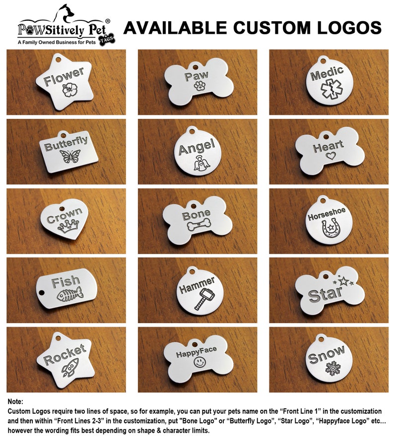 K&ouml;nnte beinhalten: Eine Sammlung von 12 verschiedenen Hundemarke-Designs aus silbernem Metall. Die Designs umfassen eine Blume, einen Pfotenabdruck, ein medizinisches Symbol, einen Schmetterling, einen Engel, ein Herz, eine Krone, einen Knochen, ein Hufeisen, einen Fisch, einen Hammer, eine Rakete, einen Stern, ein Smiley und eine Schneeflocke. Die Anh&auml;nger sind alle f&uuml;r eine individuelle Gestaltung mit Text verf&uuml;gbar.