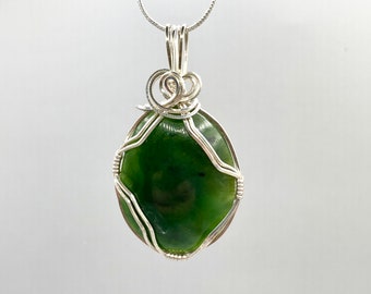 Jade Necklace Silver Wire Wrapped Green BC Nephrite Jade Pendant Necklace