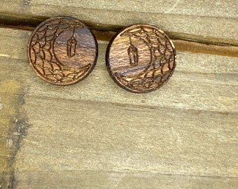 Crescent Moon Lantern Teak Round Boho Stud Earrings Wood Engraved Minimalist Earrings Surgical Steel
