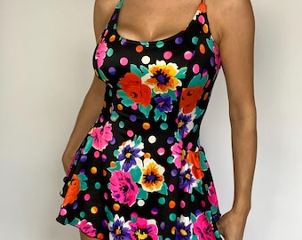 Traje de baño de una pieza con falda, estilo vintage de los años 90, con estampado floral y de lunares, talla 10.