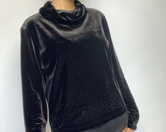Vintage black stretch velvet with sparkle embellishment high cowl neck long sleeve blouse y2k