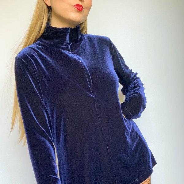 Y2K vintage quarter zip royal blue stretch velvet long sleeve pullover top