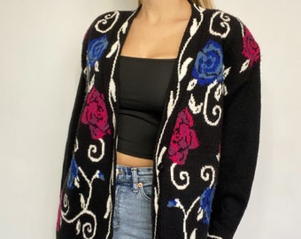 Vintage floral cardigan in chic black white blue and pink