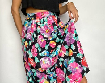 90s Vintage Floral Long Midi Skirt Colorful Bold Pink Black Blue Yellow with pockets