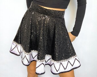 y2k vintage sequin black and white dancewear mini skater circle skirt with zig zag detail