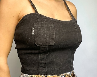 Y2K Vintage Stretch Denim crop top in black spaghetti strap with snap back closure and chest pockets by Hype