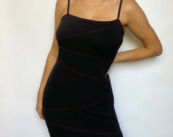 90s vintage black mini dress with red contrast stitching detail adjustable spaghetti straps