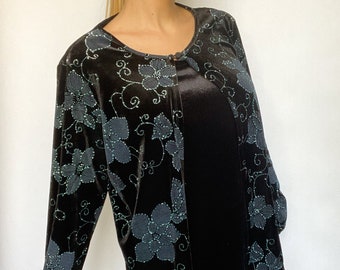 y2k black stretch velvet cardigan style long sleeve top with blue glitter floral print