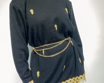 90s vintage black sweater with gold trim and embellishment long sleeve heavy weight