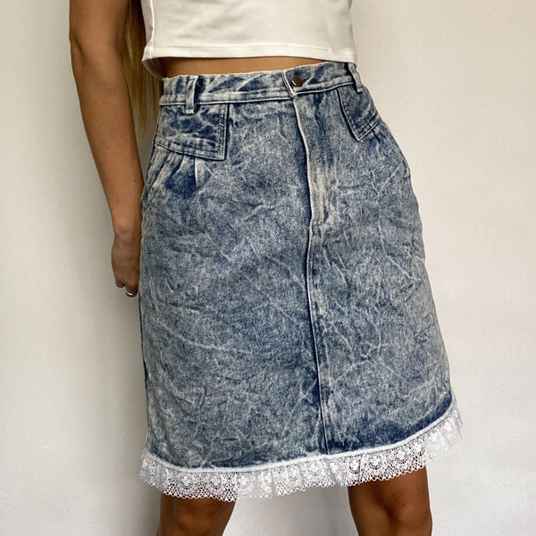 90s vintage acid wash denim short skirt with lace trim