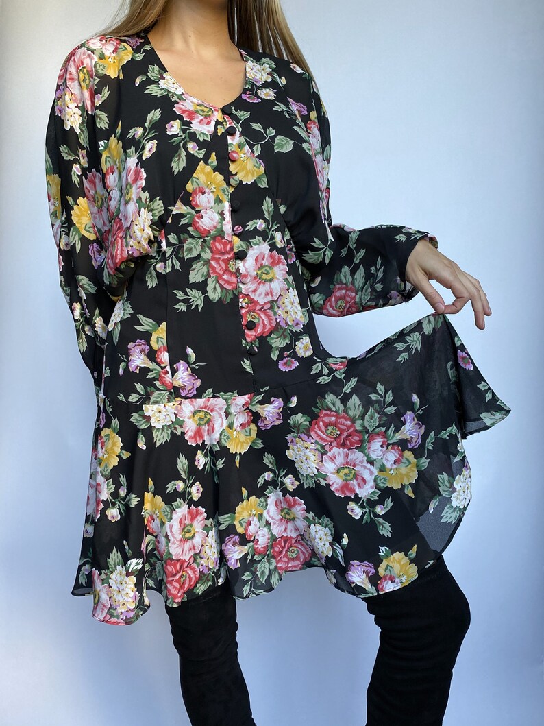 80s Vintage Floral Button Front Drop Waist Sheer Long Kimono Sleeve Dress image 1