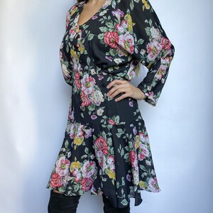 80s Vintage Floral Button Front Drop Waist Sheer Long Kimono Sleeve Dress image 4