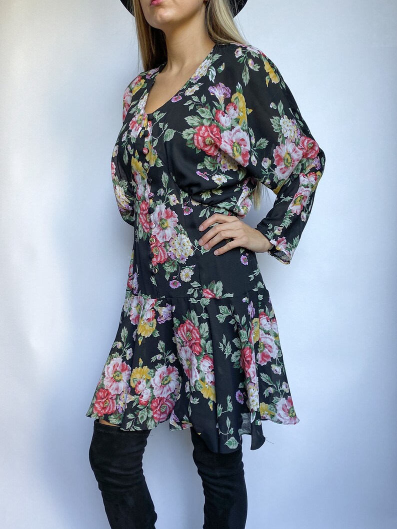 80s Vintage Floral Button Front Drop Waist Sheer Long Kimono Sleeve Dress image 4