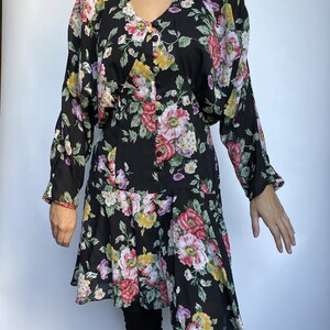 80s Vintage Floral Button Front Drop Waist Sheer Long Kimono Sleeve Dress image 8