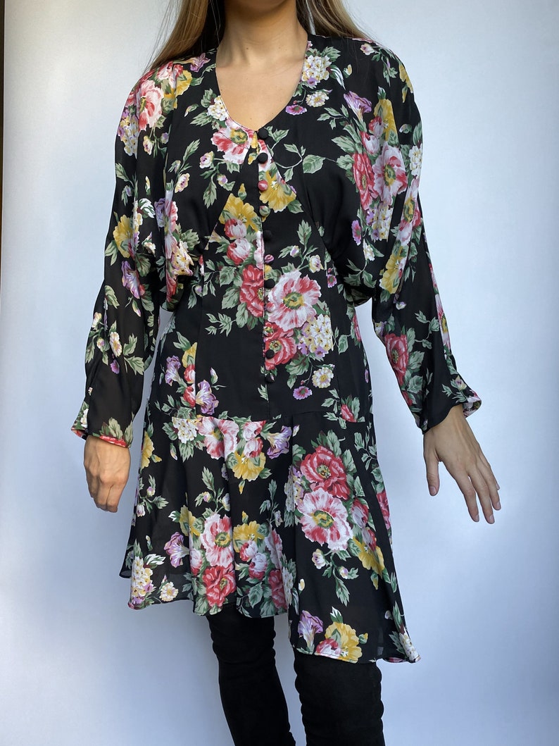 80s Vintage Floral Button Front Drop Waist Sheer Long Kimono Sleeve Dress image 8